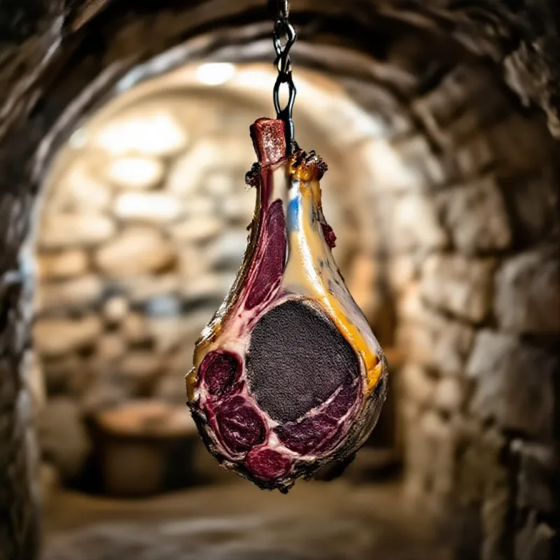 Viande de bœuf charolais en cours de maturation à sec en cave