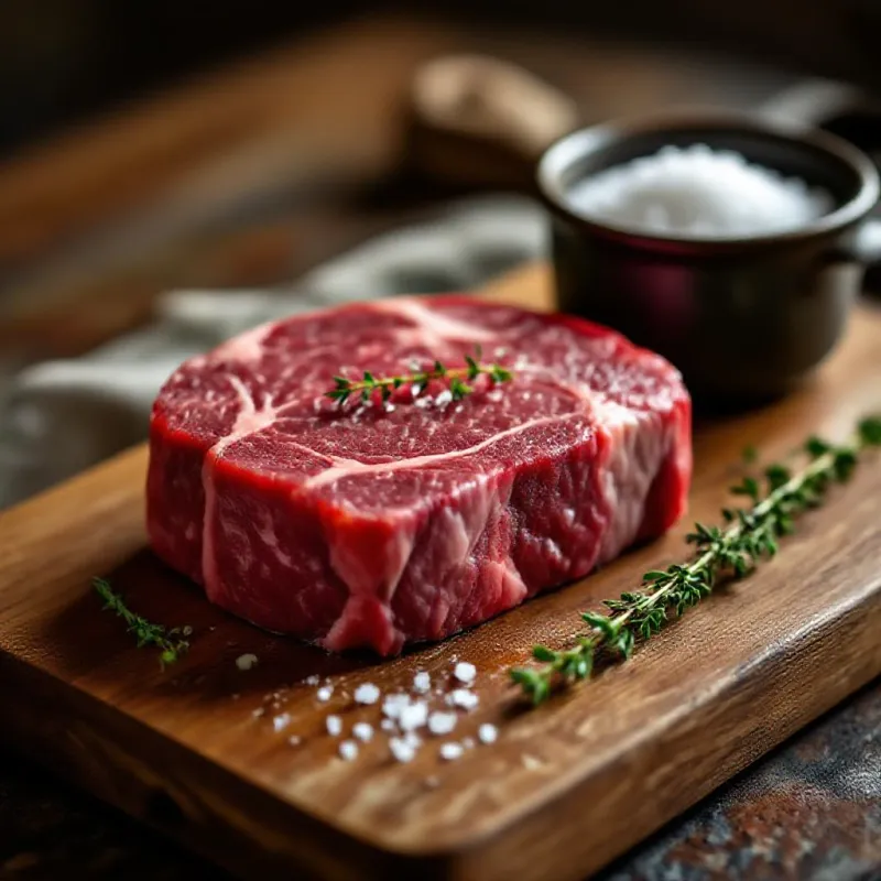 Pièce de bœuf charolais sur planche en bois