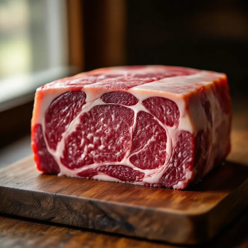 Morceau de bœuf persillé sur planche en bois