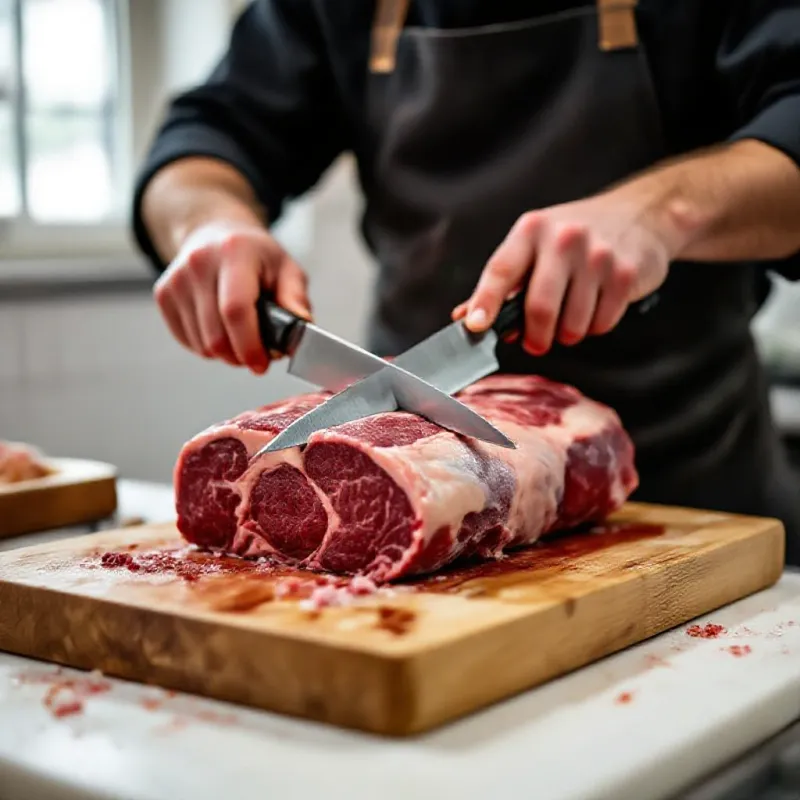 Artisan boucher travaillant la viande