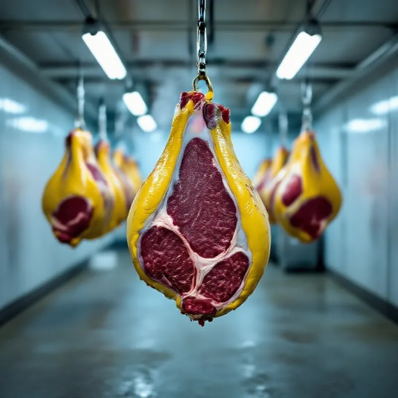 Carcasse de bœuf charolais en chambre froide