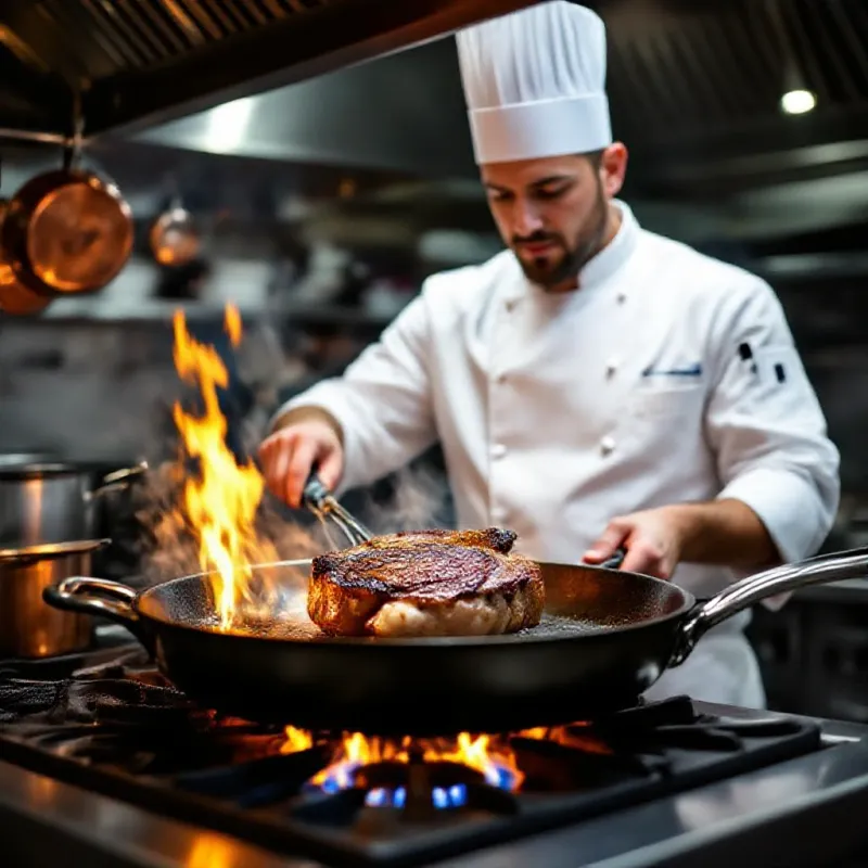 Chef cuisinant une pièce de bœuf