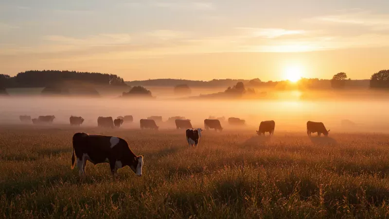 Vaches charolaises dans une prairie brumeuse de Bourgogne